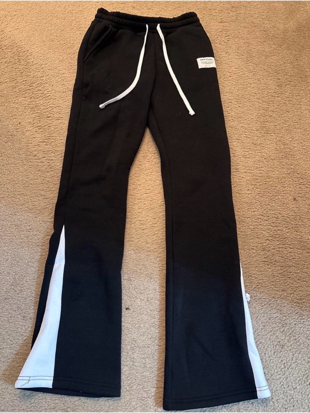 Black Flare Jogger Sweatpants with White Side Panels and Contrast Drawstring